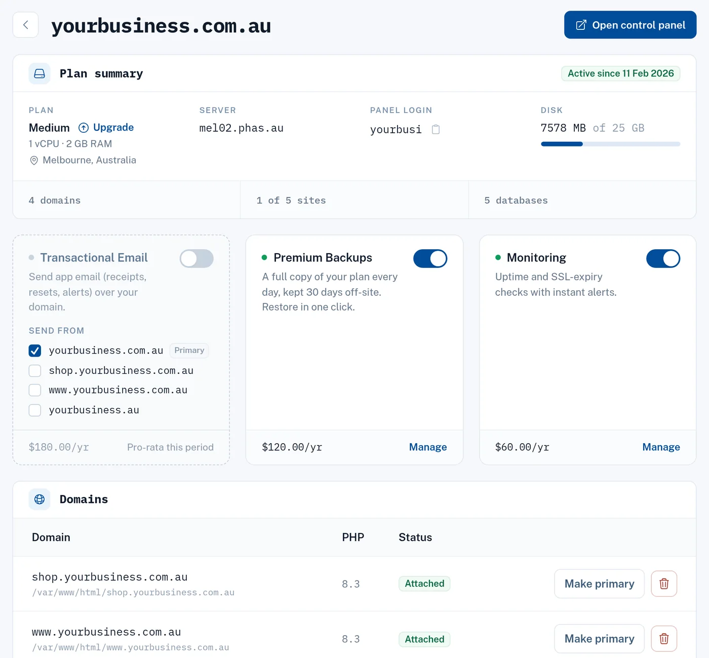 A phas hosting plan in the dashboard: plan, disk use, add-ons and attached domains